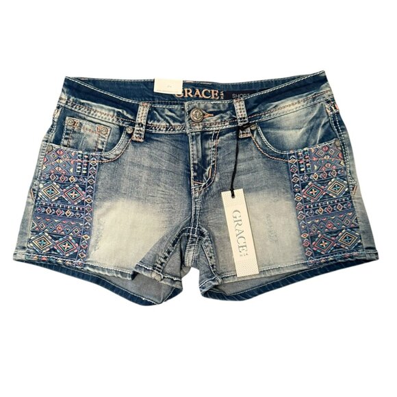 Grace in LA‎ NWT Boho Embroidered Distressed Denim Shorts Size 28 - Picture 1 of 5